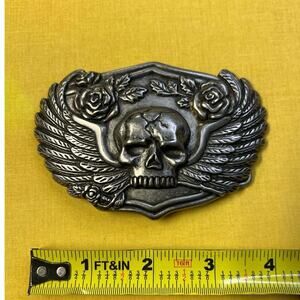 Silver Skull with Wings and Roses Belt Buckle